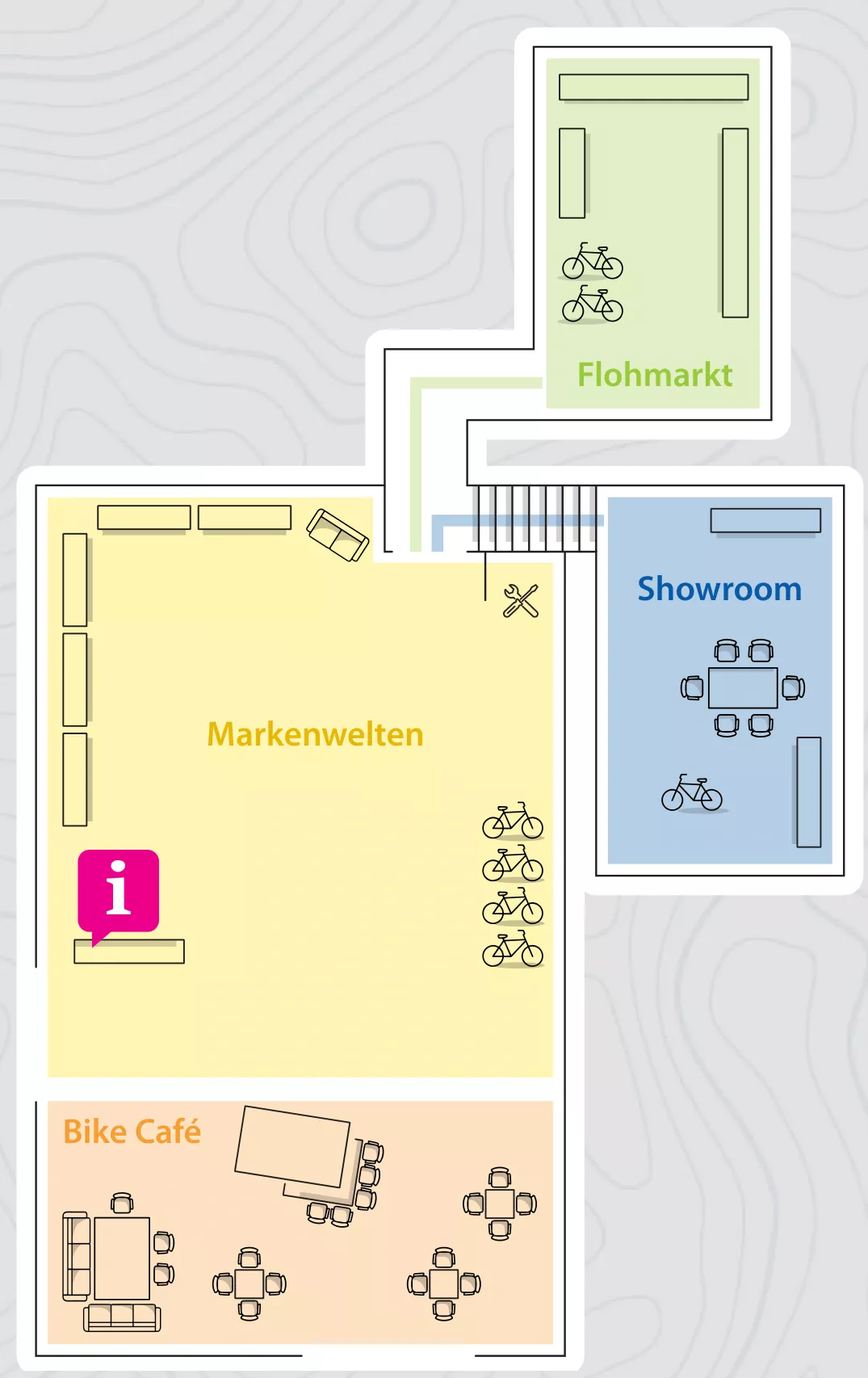Lageplan: Bike Caf&eacute; unten, dar&uuml;ber die Markenwelten mit Info, rechts der Showroom und oben der Flohmarkt.